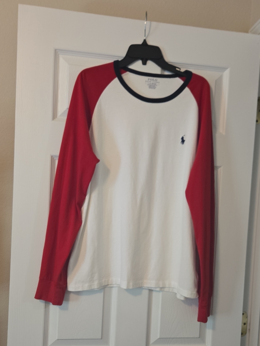 Polo by Ralph Lauren White Raglan Long Sleeve Tee with Red Sleeves and Navy Trim